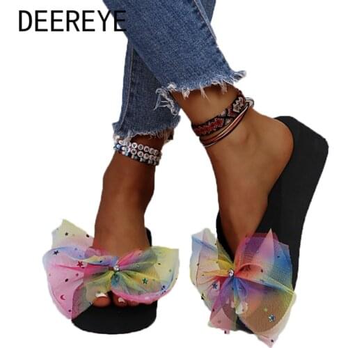 Butterfly Series Womens Summer Beach Flip-Flops Girl Bowknot Flat Female Platform Slipper Stretch Slip On Round Toe Sandal Shoes