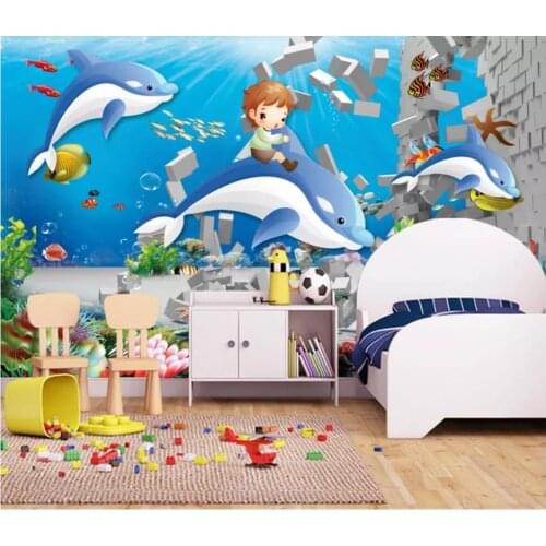 Custom photo wallpaper 3d wallpaper for walls 3 d Cartoon Underwater World Dolphin Childrens Room Kids painting wall papers
