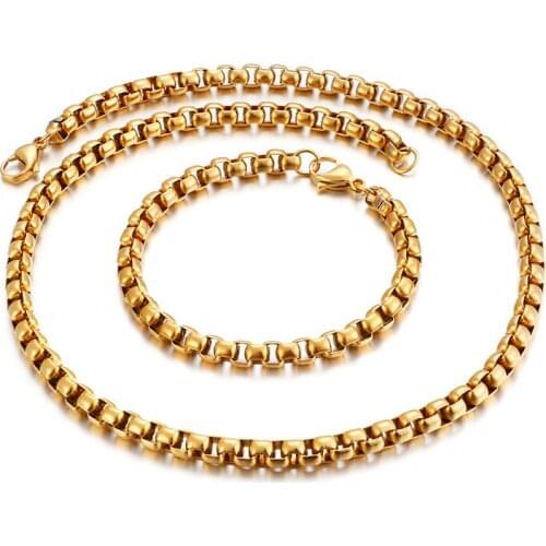 Wide 3mm/ 4mm Gold Stainless Steel Huge Square box rolo chain Necklace & Bracelet set for women boy mens gifts