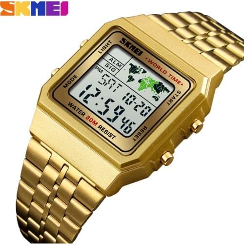 SKMEI Luxury Mens Wristwatch Gold Golden Digital Watches Stainless Steel Top Brand Relogio Masculino Saatler Male Clock 1338
