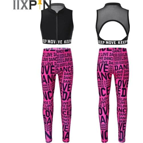 Kids Girls Child Ballet Dancewear Workout Gymnastics Outfits Letters Printed Sport Tanks Crop Top With Pants Leggings Dance Sets