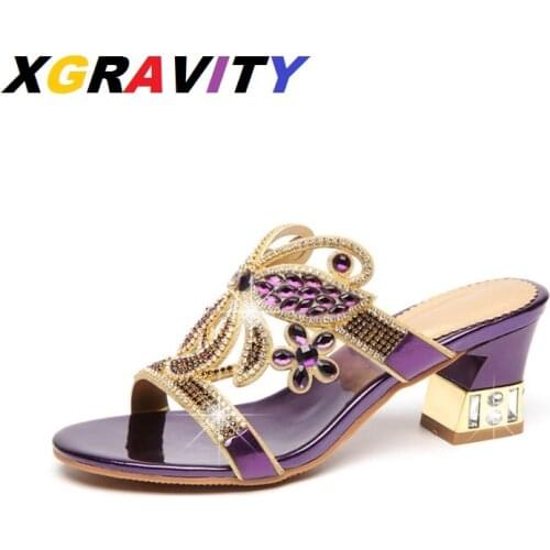 XGRAVITY New 2021 Chunky High Heel Pumps Sexy Elegant Ladies Fashion Summer Shoes Rhinestone Fashion Female Slides Sandals Girls