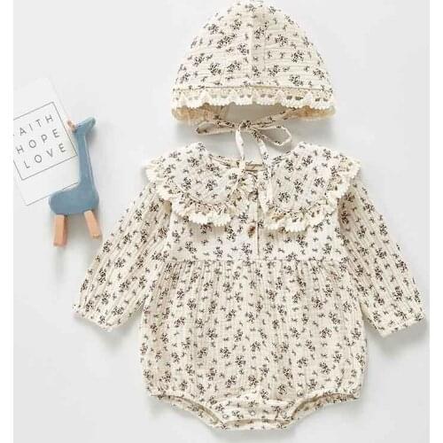 Spring Baby Girls Bodysuits Cotton Floral Autumn Baby Clothes Collar Infant Girls Jumpsuit With Hat