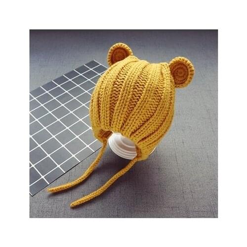 Knitted Winter Baby Hat with Ears Cartoon Lace-up Children Kids Baby bear Bonnet Cap in 6 Colors