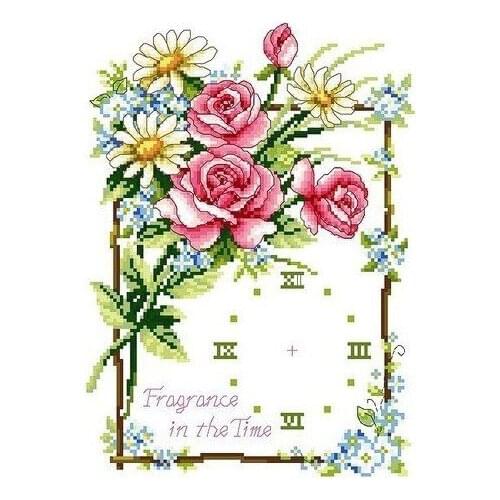Embroidery Package Hot Sell Best Quality Cross Stitch Kits With Clock Beautiful Rose Flower Free Shipping