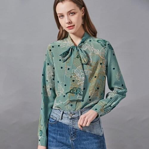 Womens Blouses and Tops Silk green retro Floral bowtie Office Formal Casual Shirts Plus Large Size Spring Summer Sexy Femme