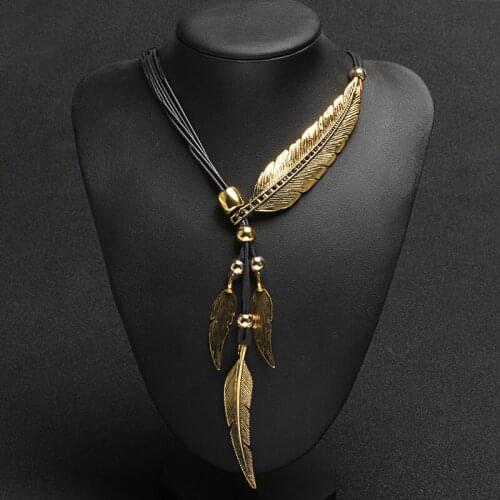 New Vintage Bohemian Style Rope Chain Leaf Fine Jewelry Feather Pattern Pendant For Women