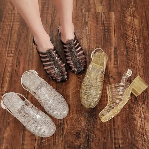 Koovan Womens Sandals 2021 New Cool Sandals Women High Heels Transparent Crystal Plastic Slippers Waterproof Boots Beach Shoes