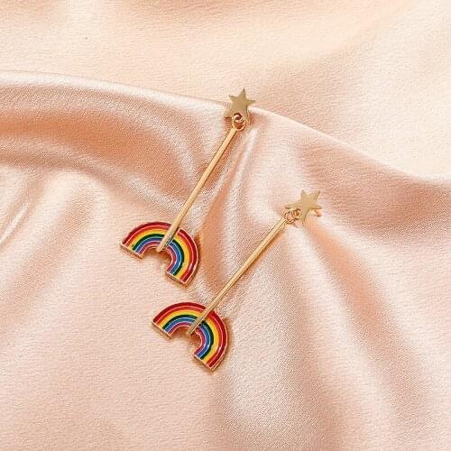 Origin Summer Vintage Enamel Rainbow Long Earrings for Women Multicolor Star Hanging Dangle Earrings Statement Party Jewelry