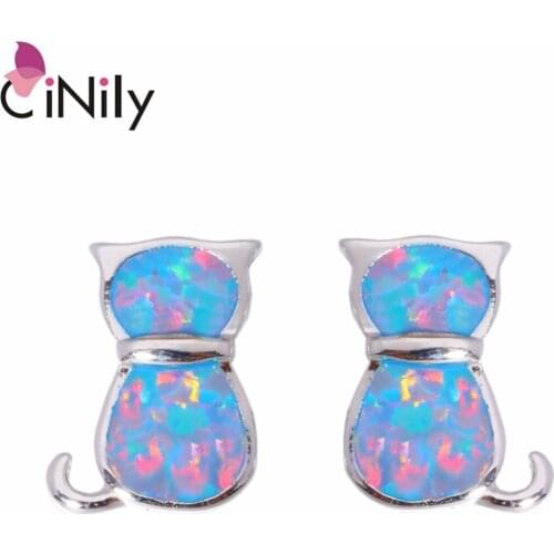 CiNily Created Rainbow Fire Opal Silver Plated Wholesale Lovely Cute Cat for Women Jewelry Stud Earrings 11mm OH2997