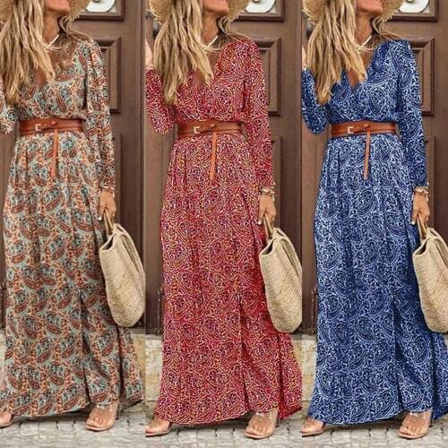 Boho Women V Neck Long Sleeve Paisley Print Belt High Split Party Maxi Dress High split design shows your long slimmer legs hot