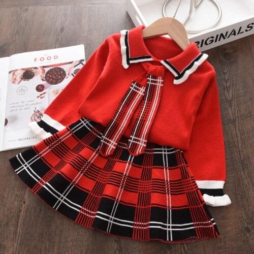 2021 Winter Clothing Sets Baby Girl Turn-down Collar Christmas Knitted Sweater Cardigan+Pleated Skirt 2pcs Suits School Uniforms
