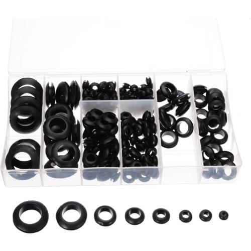 200pcs/box 3/5/6/8/10/12/16/20mm 8 Sizes Rubber Grommet Assortment Set Electrical Wire Gasket Kit Black
