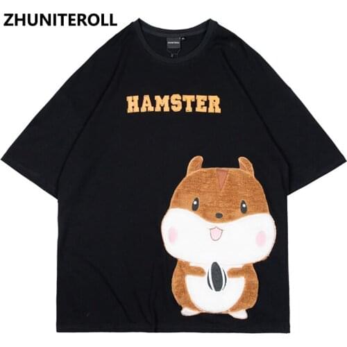 Harajuku 2021 Men T Shirt Embroidery Hamster Block T-shirts Hip Hop Summer Fashion Cotton Short Sleeve Couple Tops Tee Clothing