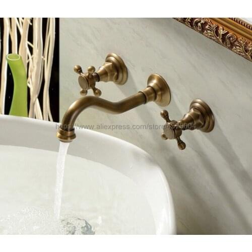 Antique Brass Bathroom Basin Sink Mix Tap Dual Handles Wall Mounted Kitchen Basin Sink Mixer Faucet Ntf050