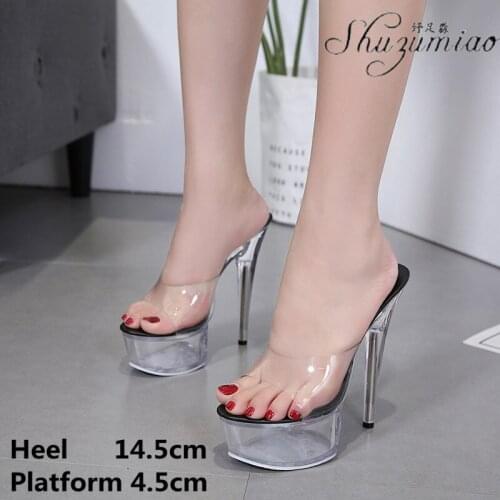 Large Size Stilettos Ladies Walking Show Striptease Clear Crystal Shoes Transparent Sexy 14CM Super High Heel Model Slipper New