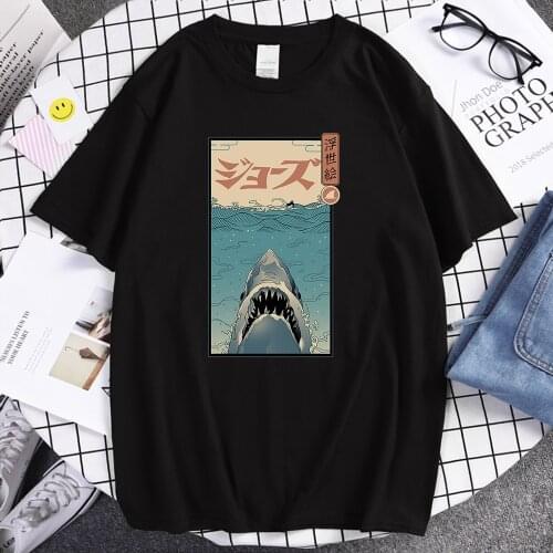 Ukiyoe Shark Prints T-shirt Man Regular Sleeves Loose T Shirt Comfortable o-neck Short Sleeves Fashion Vintage Tshirt For Men