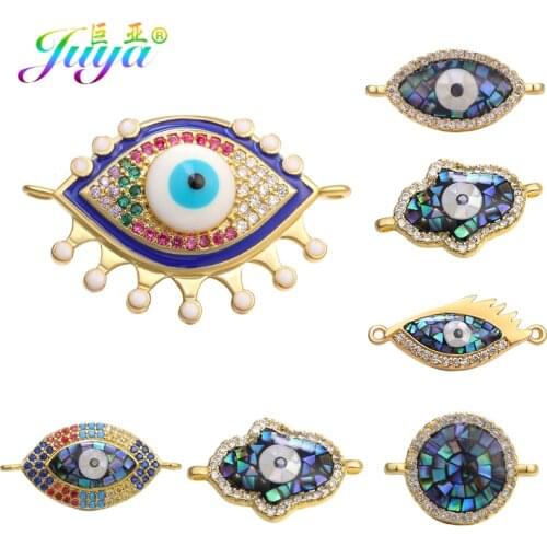 Juya DIY Jewelry Accessories Micro Pave Zircon Opal Shell Evil Eye Charm Connector For Turkish Bracelet Necklace Making Material