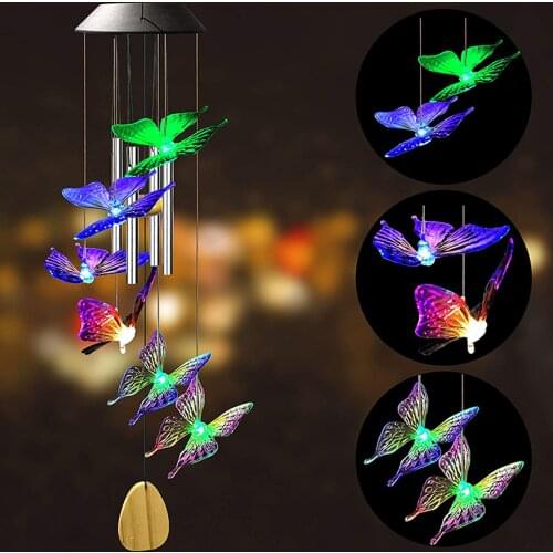 Color Changing Solar Power Wind Chime Crystal Ball Hummingbird Butterfly Waterproof Outdoor Light for Patio Yard Garden Summer