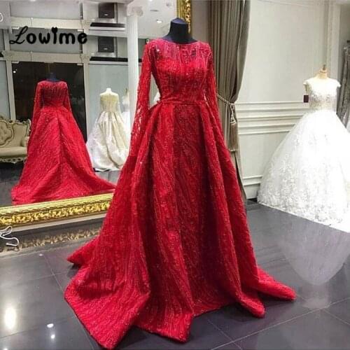 Red Lace Arabic Evening Dress 2019 Kaftan Dubai Formal Muslim Party Dresses Custom Made African Two Pieces Prom Dress Gown New