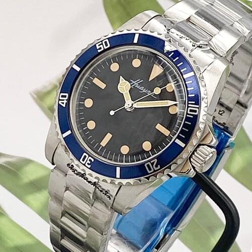 Classic retro style 39.5mm mens automatic mechanical watch acrylic stainless steel case luminous blue aluminum rim male