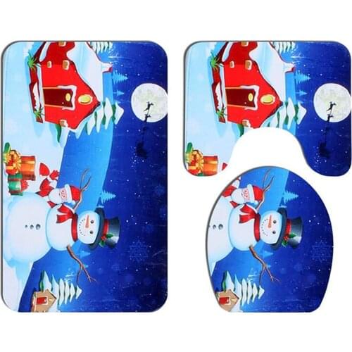 Christmas Flannel Bathroom Carpet Set Snowman Santa Claus Non-Slip Toilet Floor Mat Set Cartoon Toilet Seat Cover Mat 3pcs Set
