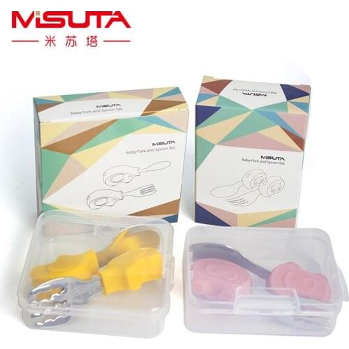 Baby Fork and Spoon Set Baby Children Stainless Steel Fork and Spoon Cartoon Training Learning To Eat Tableware with Storage Box