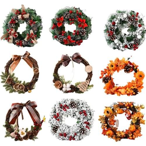 Merry Christmas Wreath Artificial Pine Cone Red Berries Garland Hanging Front Door Wall Decoration Gift Christmas Accessories