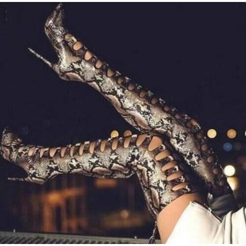 Sexy Pointed Toe Snakeskin Over The Knee Boots Cut-out Lace-up Python Printed Tight High Boots Thin Heels Patchwork Dress Shoes