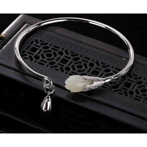 Silver classic inlaid natural Hetian white chalcedony orchid bracelet Chinese style retro charm ladies adjustable brand jewelry
