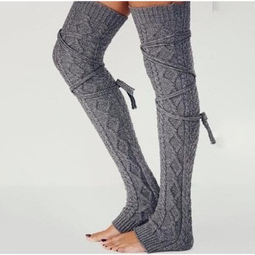 Warm Thigh High Socks For Women Braided Cable Knit Leg Over Knee High Socks Up Tie Footless Thicken Long Leg Warmer Stockings