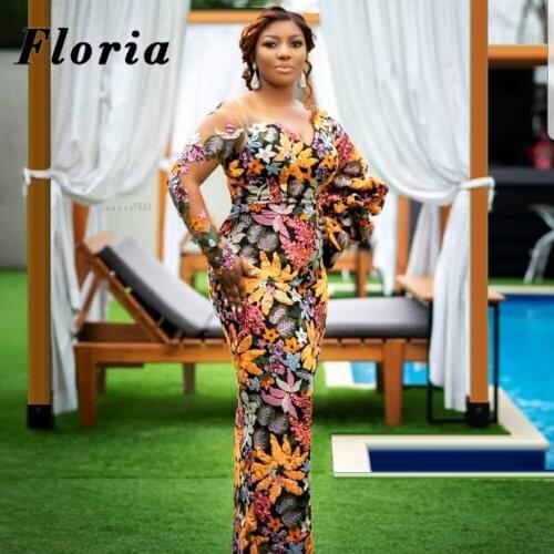 Muslim Flower Mermaid Evening Dresses 2020 Saudi Arabia Black Girls Lace Formal Prom Dresses Red Carpet Runway Gowns Dubai Robes