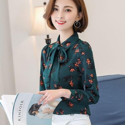 Spring New Womens Shirt Wear Female Long Sleeves Print Belt Bowknot Chiffon Blouse Top Office Ladies Fashion Work Clothes H9026