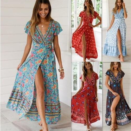 Women Summer Retro Floral Print Long Dress Elegant Beach Belt Sexy V-Neck Appearance Print Maxi Bohemian Dress Lady