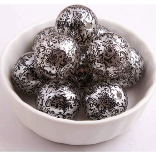 100pcs/lot 20mm Fashion Imitation pearl print black damask beads,Wholesale acrylic beads for kids jewelry making