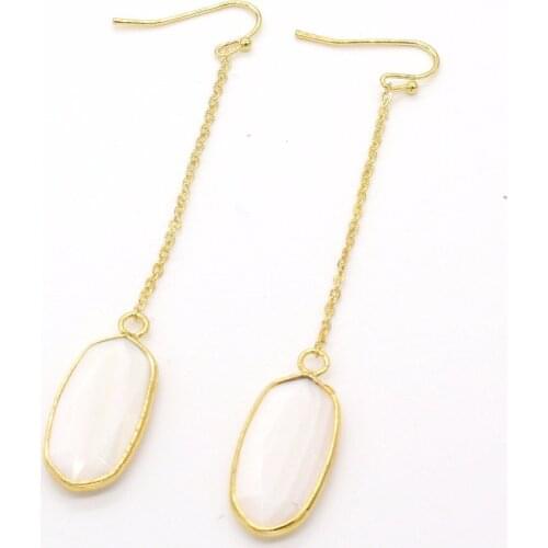 100-Unique 1 Pair Gold Color Oval Shape White Shell Drop Earrings With Long Chain Elegant Womens Earring