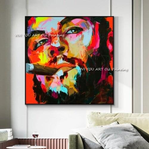 Abstract Colorful Smoking Man Face Oil painting Modern 100% Handmade Wall Pictures Art For Living Room Home Decor (No Frame)