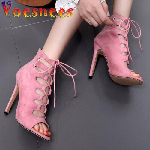 Voesnees Lace-Up High-top Women Sandals 2021 Summer New Fashion Straps Peep Toe High Heels 11cm Thin Heels Ladies Catwalk Shoes