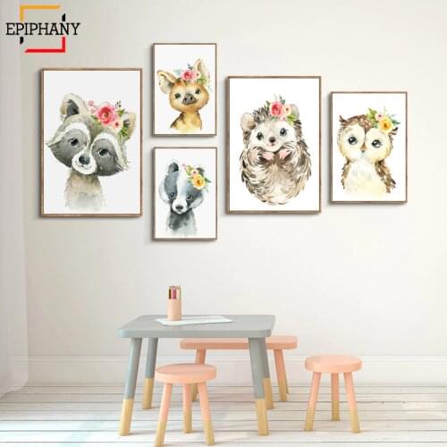 Baby Animal Print Raccoon Wild Pig Hedgehog Badger Bunny Owl Wall Canvas Canvas Printings Kids Room Decor Posters and Prints