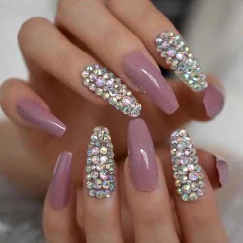 Glossy Pinkish Purple Press on False Nails 3D AB Gems Extra Long Ballerina Coffin UV Gel Fake Fingersnails Extention Tool
