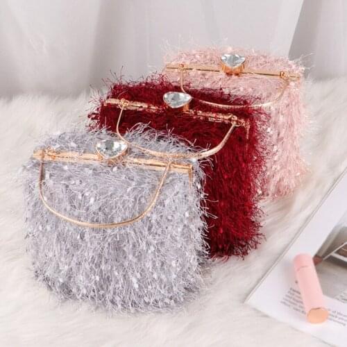 Fairy Lady Feather Square Handbag For Women Hand Bag Sweet Chain Bags Banquet Clutch bag Tassel Lock buckle Messenger Plush Bag