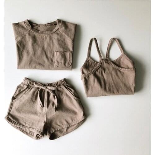 Summer 2019 Korean childrens wear e boys and girls three-piece condole belt multicolor cotton shorts set