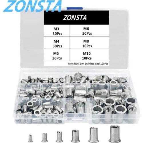 120Pcs M3 M4 M5 M6 M8 M10 Rivet Nuts Set 304 Stainless Steel Flat Head Threaded Insert Nut Rivet Cap Set Threaded Insert Nut Kit