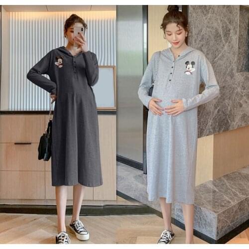 2021 New Cotton Pregnancy Dress Women Maternity Long Sleeve Nursing Dress For Breastfeeding With Hooded zwangerschaps kleding