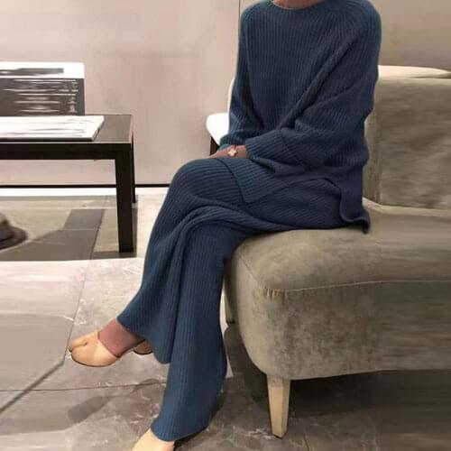 New Fashion Homewear Women Soft 2 Piece Set Autumn Winter Solid O Neck Pullover Tops Knitted Pants Elegant Pajama Womens Suit
