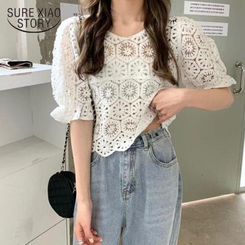 New Vintage Summer Tops Women Puff Sleeve Hollow Out Shirt Female Blusas Mujer De Moda 2021 Retro Perspective Lace Blouse 14346