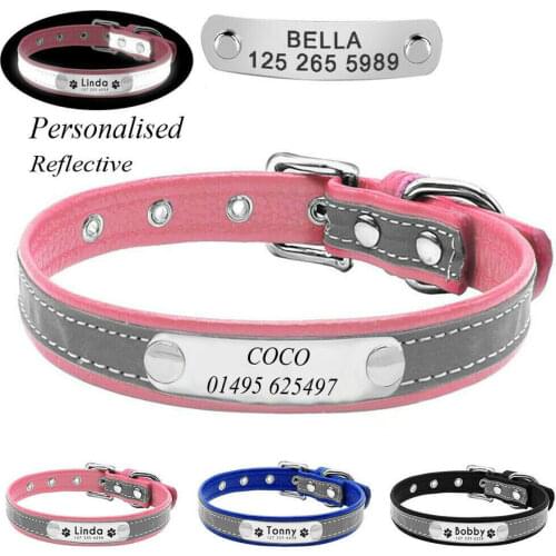 New Cute Reflective Leather Necklace Dog Cat ID Collar Custom Engraved Personalized Dog Collar Dog Accessories French Bulldog