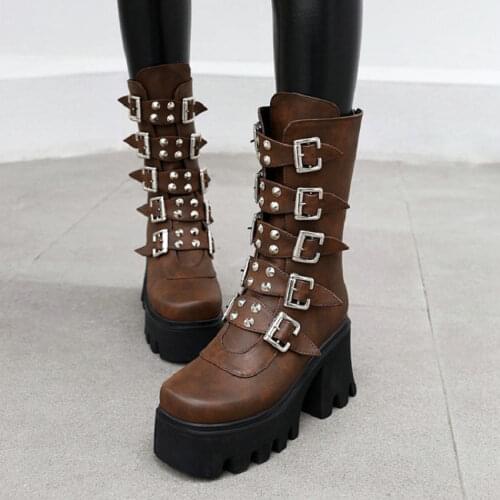 ZawsThia Mutil Buckle Punk Goth Mid-calf Platform Chunky High Heels Studded Rivets Women Riding Western Boots Plus Size 45 46 47
