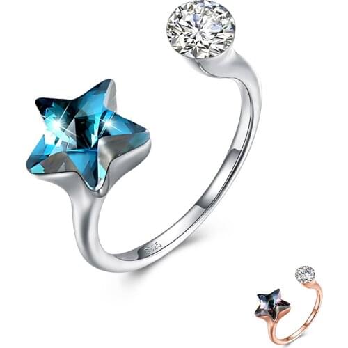 SILVERHOO 925 Sterling Silver Rings For Women Colorful Star Austria Crystal With Round CZ Adjustable Ring Anniversary Jewelry