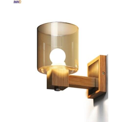 Nordic Wooden Wall Lamp With Glass Lampshade E14 LED 4W Bedroom Sconses Fixtures Wall Lights For Living Room Applique Murale